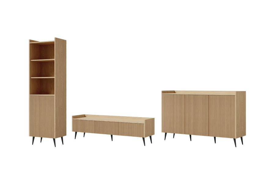 Möbelset aus heller Eiche mit geriffelten Fronten: Highboard, TV-Lowboard und Sideboard.