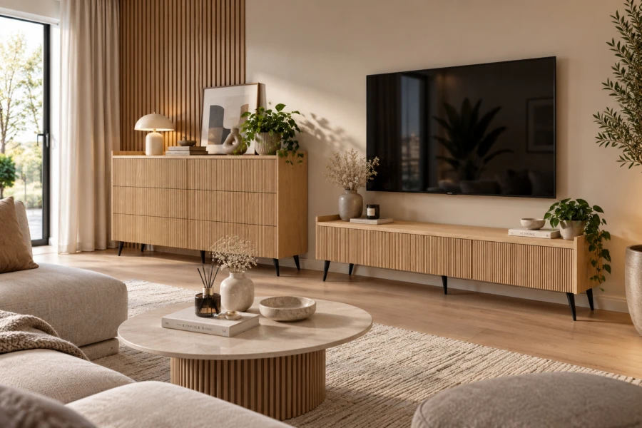 Elegantes Wohnzimmer mit großem Sideboard, TV-Unterschrank und rundem Couchtisch aus Marmor.