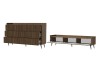 Dalia Sideboard und TV-Board in Walnuss-Optik mit geöffneten Schubladen und Klappfächern.