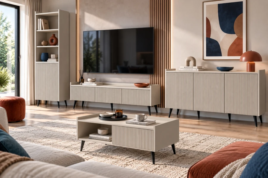 Helles Design-Wohnzimmer mit Couchtisch, TV-Board und Sideboard der Dalia-Kollektion.
