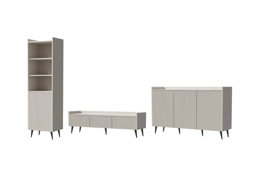 Beiges Möbel-Set auf weißem Hintergrund: Regal, TV-Lowboard und Sideboard mit schwarzen Füßen.