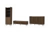 Dreiteiliges Möbelset in dunkler Holzoptik bestehend aus Regal, TV-Lowboard und Sideboard.