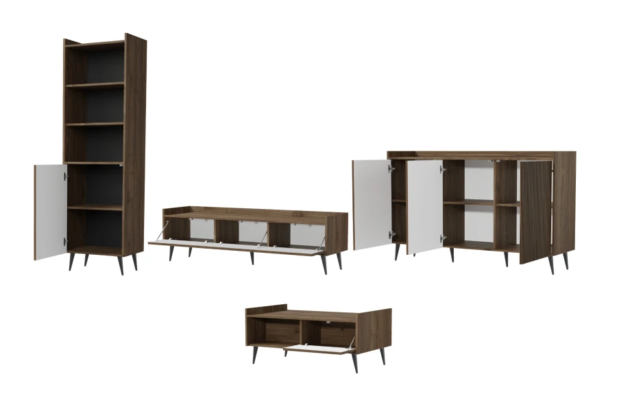 Geöffnete dunkle Holzmöbel im Set: TV-Bank, Sideboard, Regal und Couchtisch mit viel Stauraum.