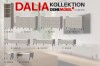 Infografik der Dalia Möbel-Kollektion in Beige mit verschiedenen Modellen und Abmessungen.