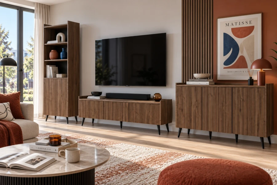 Wohnzimmer-Einrichtung mit TV-Lowboard, Sideboard und Regal aus dunklem Holz im Scandi-Stil.
