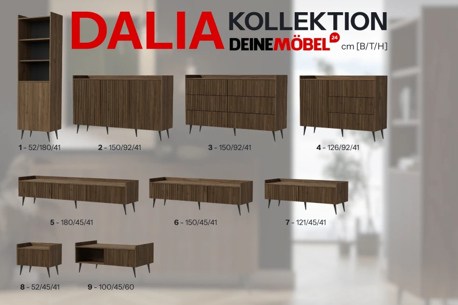 Übersicht der Dalia Möbelkollektion mit verschiedenen Schränken und Maßen in dunklem Holz.