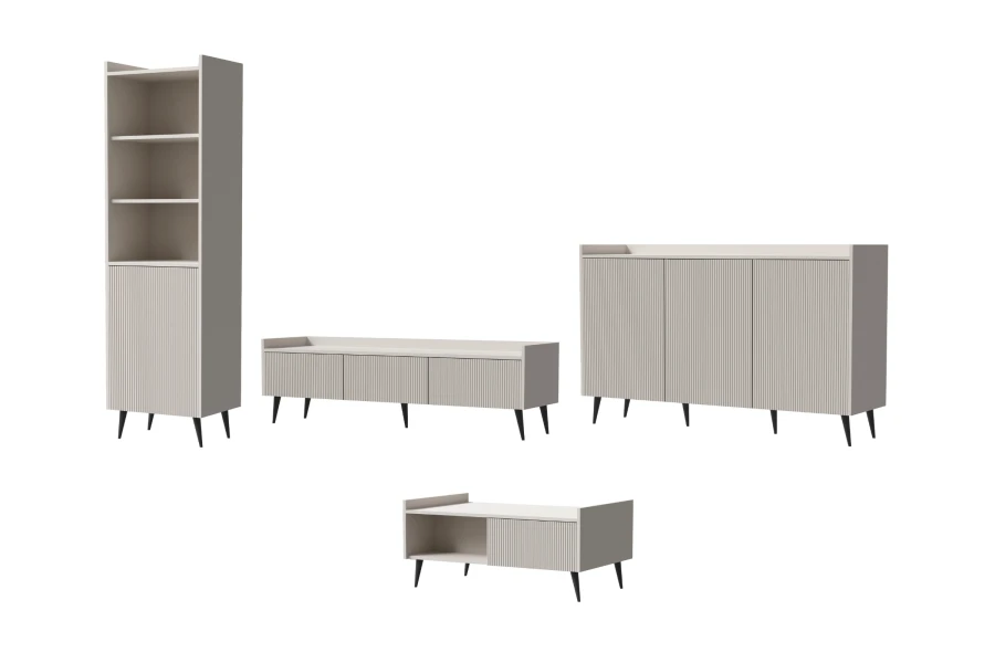 Ensemble der Dalia Kollektion in Beige mit Couchtisch, Sideboard und Regal freigestellt.