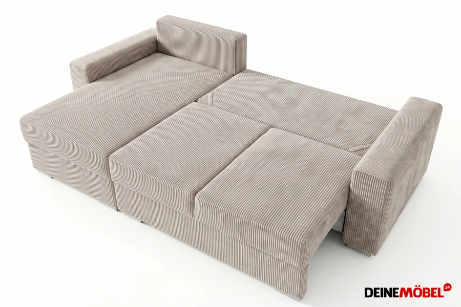 Beiges Cord-Schlafsofa mit ausgeklappter Liegefläche für Gäste.