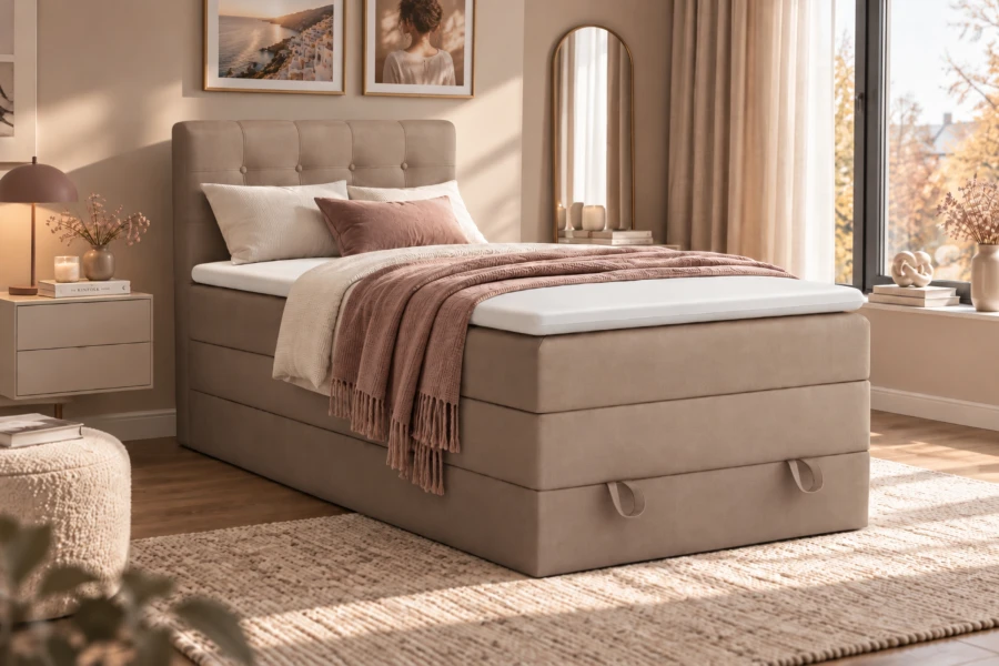 Gemütliches beiges Boxspringbett in warmem Schlafzimmer-Ambiente mit Deko.