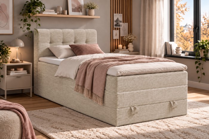 Boxspringbett beige Cord-Optik mit Bettkasten in wohnlichem Ambiente.