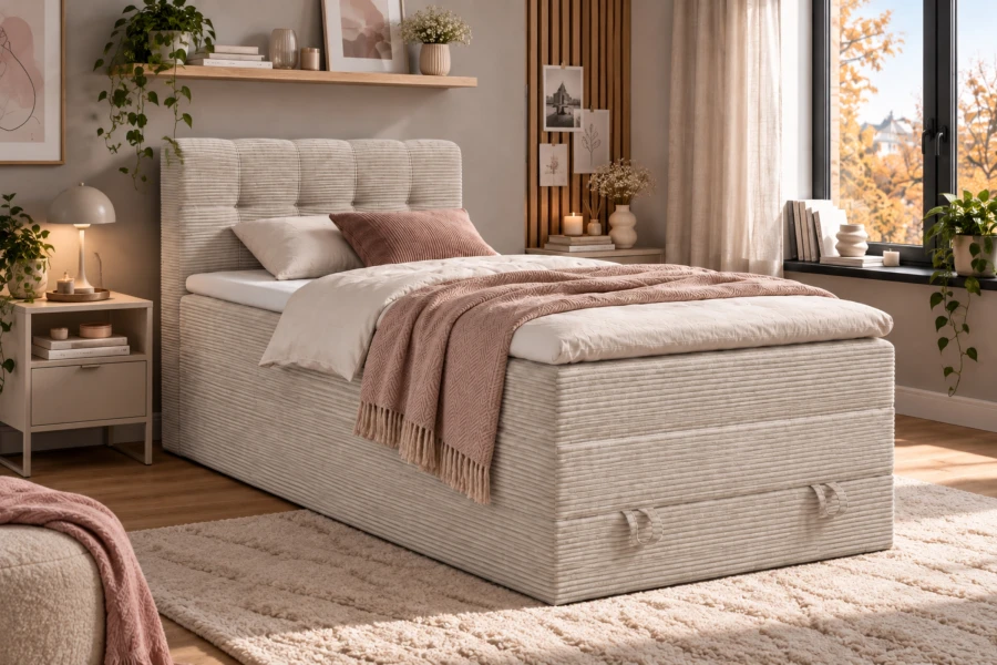 Beiges Boxspringbett aus Cord in lichtdurchflutetem, gemütlichem Schlafzimmer.