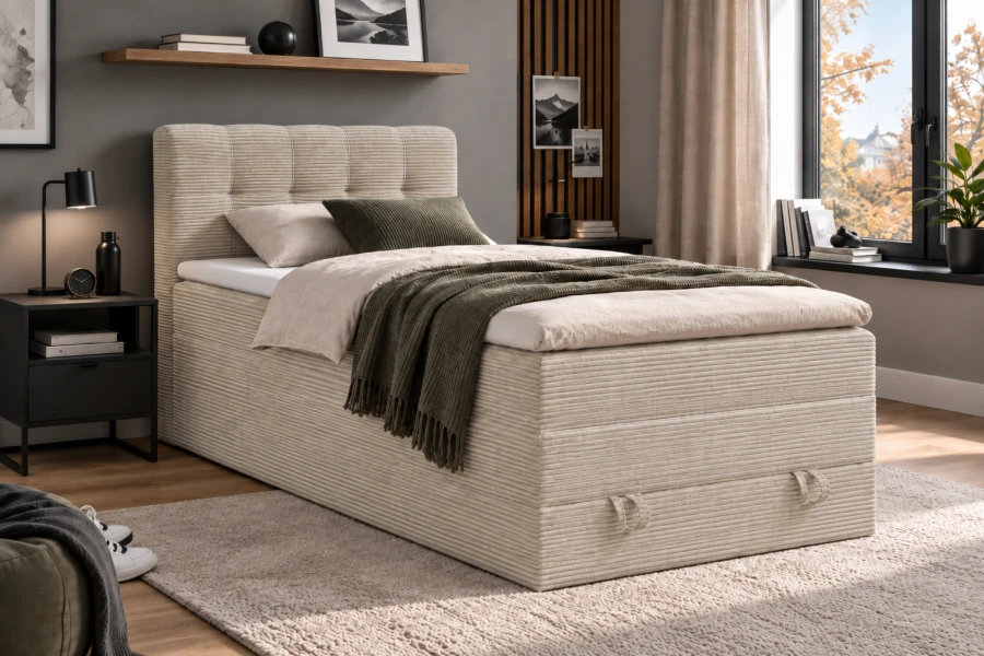 Beiges Boxspringbett aus Cordstoff mit hohem Kopfteil vor grauer Wand.