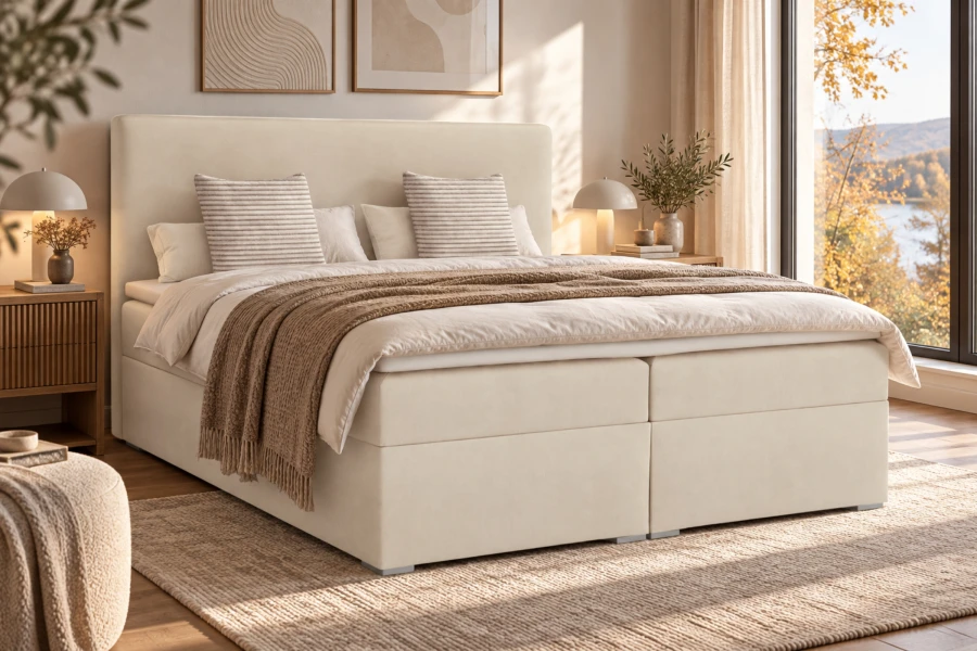 Beiges Boxspringbett in hellem Design für eine freundliche Schlafzimmeratmosphäre.