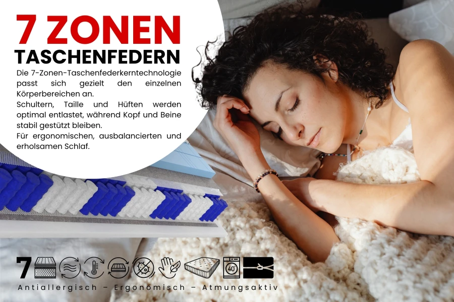 7-Zonen-Taschenfederkernmatratze für ergonomischen Schlaf und Entlastung.