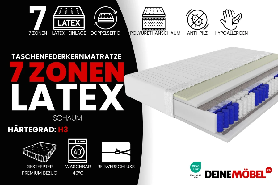 7-Zonen Latex-Taschenfederkernmatratze H3 von Deine Möbel 24.