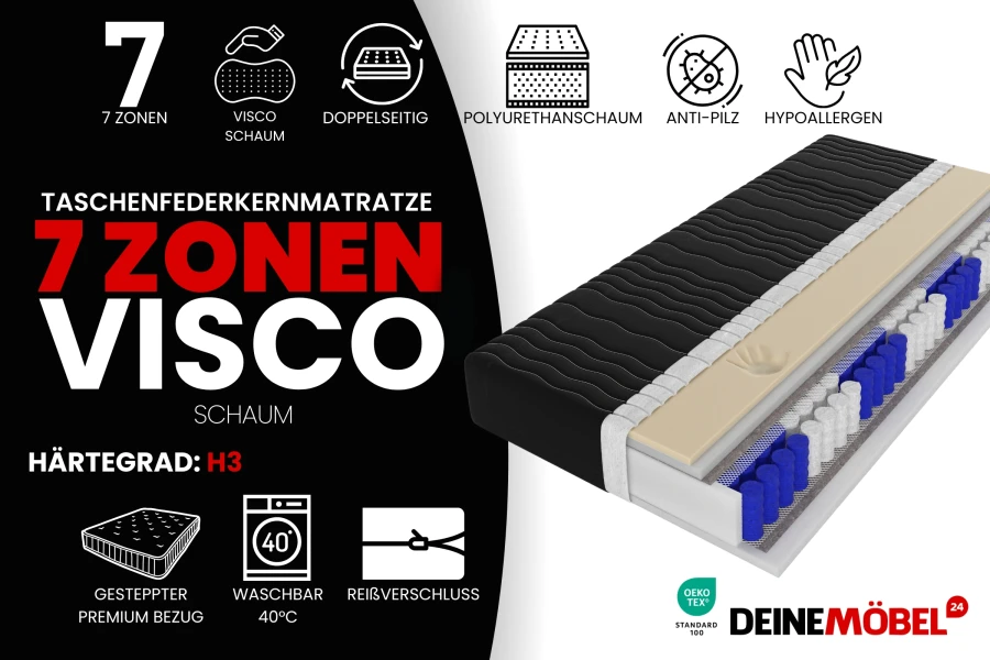 7-Zonen Taschenfederkernmatratze Visco Schaum H3 mit schwarzem Bezug