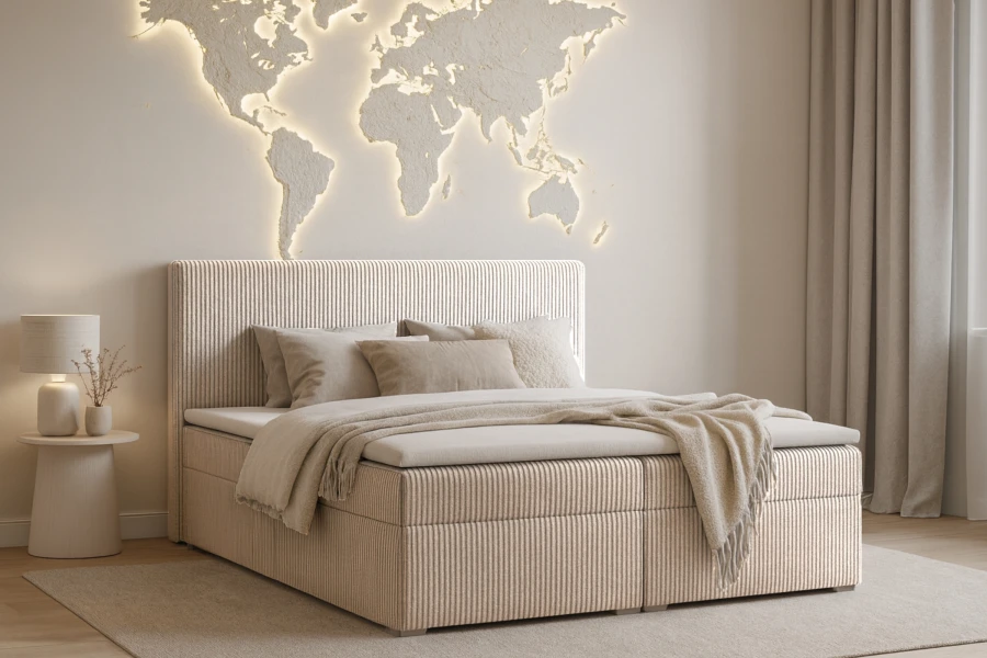 Gezellige slaapkamer met beige cord-boxspringbed voor een verlichte wereldkaart.
