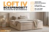 Infographic over het boxspringbed Loft IV met details over de bedboxen en koudschuim-topper.