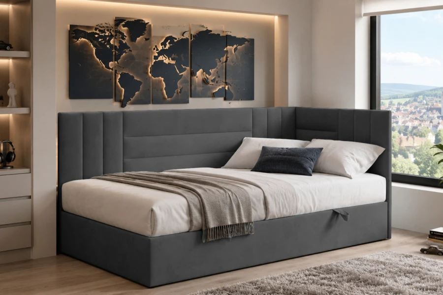 Modernes Eck-Schlafsofa in Anthrazit mit dekorativem Kopfteil.