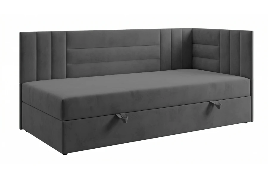 Dunkelgraues Kindersofa Kaya mit gestepptem Kopfteil, isoliert.