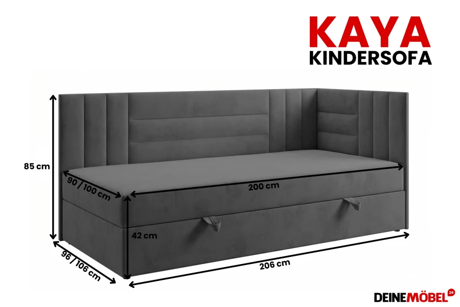 Maßskizze für das Kaya Kindersofa mit detaillierten Zentimeterangaben.