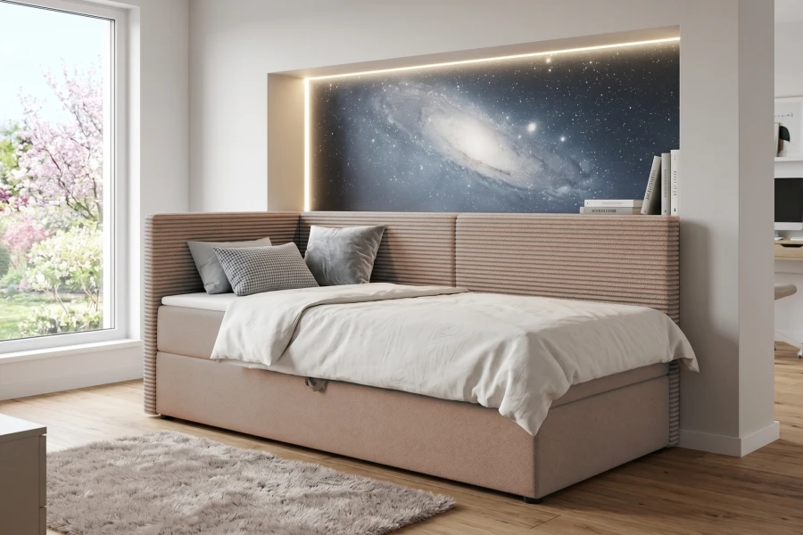 Modern upholstered bed in beige in front of a space wall mural in a child's room