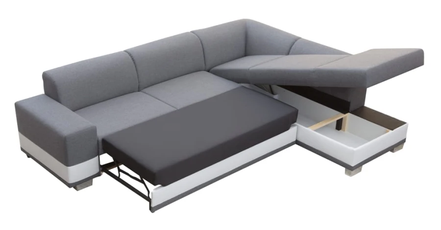 Ecksofa mit ausgezogener Schlaffunktion und offenem Bettkasten als Stauraum.