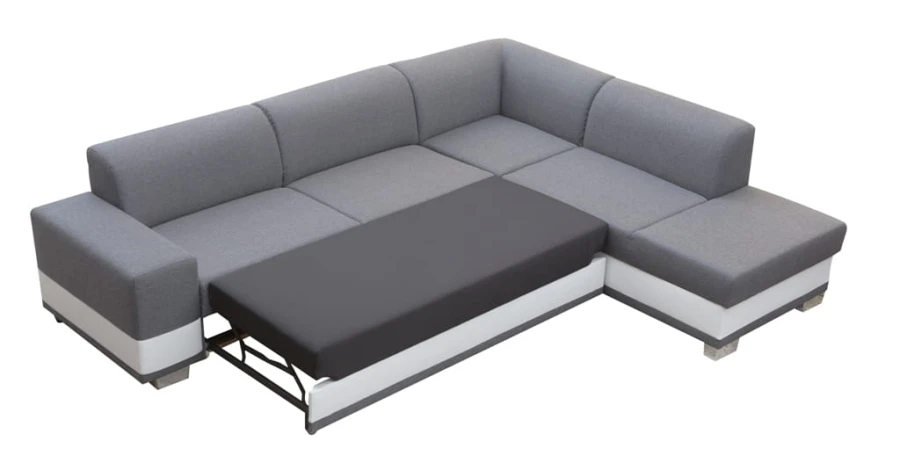 Ausgezogenes Schlafsofa in Grau-Weiß mit großer Liegefläche für Gäste.