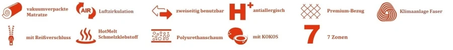 Icons der Matratzeneigenschaften wie Kokos, 7 Zonen und antiallergisch.