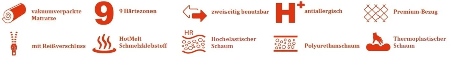 Matratzen-Eigenschaften: Hochelastischer und thermoplastischer Schaum mit Premium-Bezug.