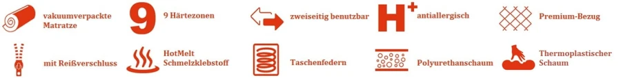 Vorteile der Matratze: 9 Härtezonen, antiallergisch, wendbar und mit Reißverschluss.