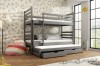 Graues Etagenbett für Kinder mit integriertem Ausziehbett und Schubladen im Kinderzimmer.