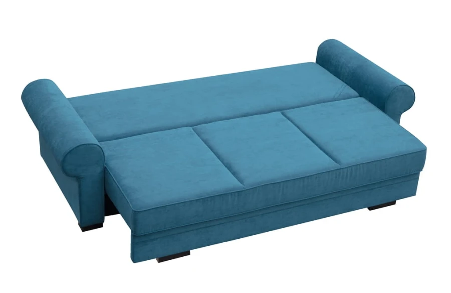 Blaues Schlafsofa komplett ausgezogen als komfortables Gästebett