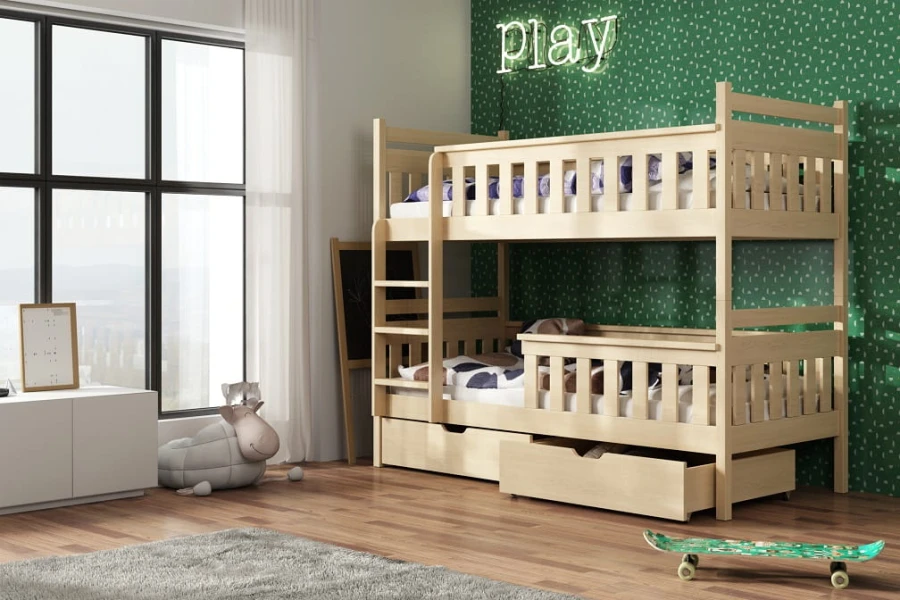 Helles Etagenbett aus Kiefernholz mit Stauraumschubladen für das Kinderzimmer.