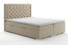 Elegantes beiges Boxspringbett mit gestepptem Chesterfield-Kopfteil und Stauraumfunktion.
