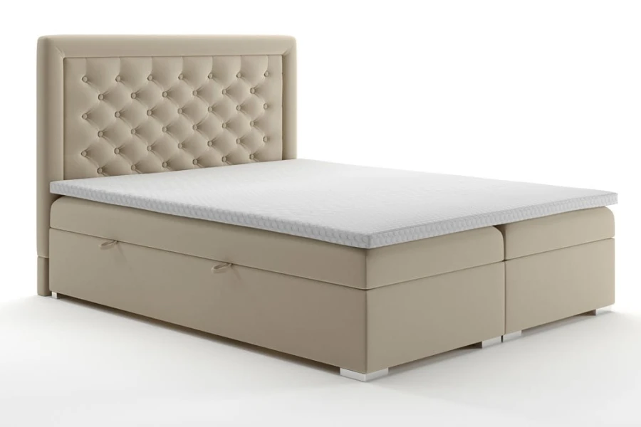 Elegantes beiges Boxspringbett mit gestepptem Chesterfield-Kopfteil und Stauraumfunktion.