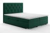 Dunkelgrünes Boxspringbett aus Samt mit gepolstertem Kopfteil und Bettkasten.
