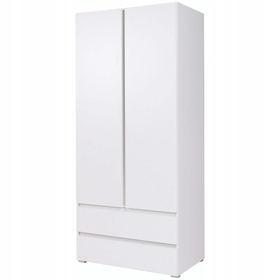 Moderner weißer Kleiderschrank mit zwei Türen und zwei breiten Schubfächern.