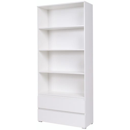 Hohes weißes Bücherregal mit 4 offenen Regalfächern und 2 bündigen Schubladen unten