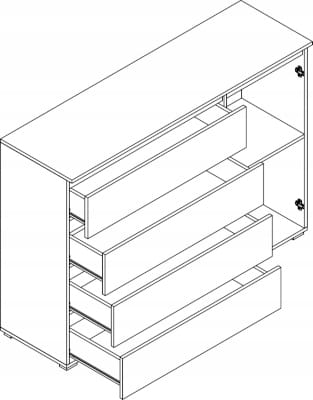 Sideboard weiß mit 4 Schubladen und einer Tür, technische Zeichnung der Innenaufteilung