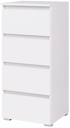 Schmale weiße Kommode mit 4 Schubladen, modernes Design für Schlafzimmer.
