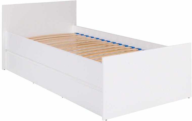 Weißes Bettgestell 90x200 cm mit Lattenrost, minimalistisches Design.