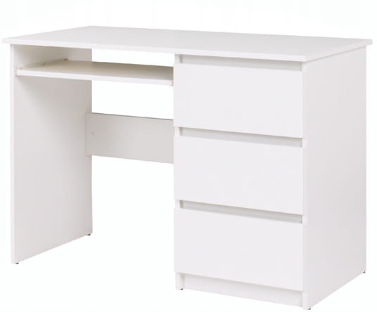 Weißer Schreibtisch mit 3 Schubladen und Tastaturauszug für Home Office.