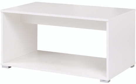 Modernes weißes TV-Lowboard mit offenem Stauraum.