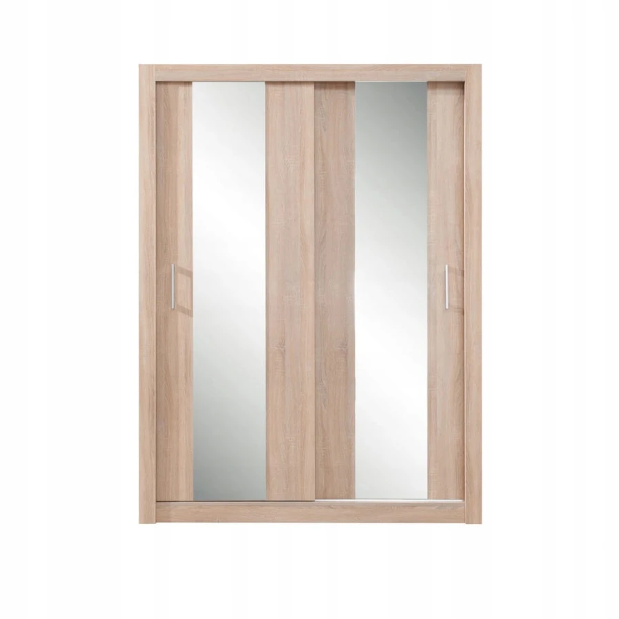 Kleiderschrank in Eichenoptik mit Schiebetüren und Spiegeln.