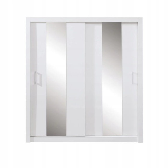 Eleganter weißer Schwebetürenschrank mit vertikalen Spiegelstreifen und Griffen.