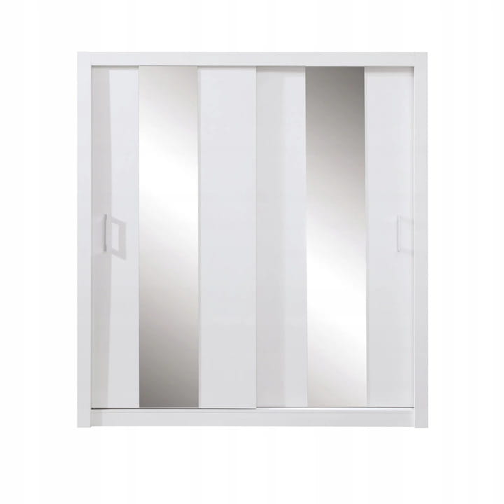 Eleganter weißer Schwebetürenschrank mit vertikalen Spiegelstreifen und Griffen.