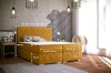 Senfgelbes Boxspringbett mit Maßen und Details zur Liegehöhe und Breite.