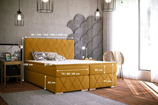 Senfgelbes Boxspringbett mit Maßen und Details zur Liegehöhe und Breite.