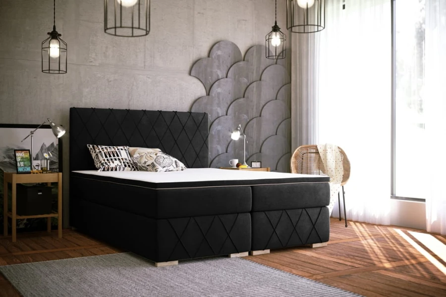 Stilvolles schwarzes Boxspringbett mit Rautensteppung im modernen Design.